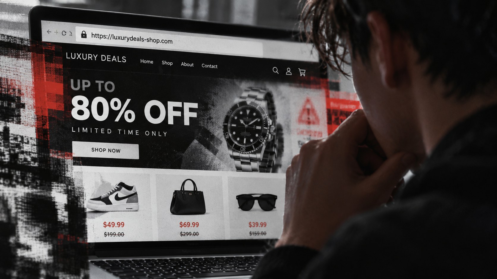 Editorial illustration for “Can people identify scam websites from visual cues alone?”.