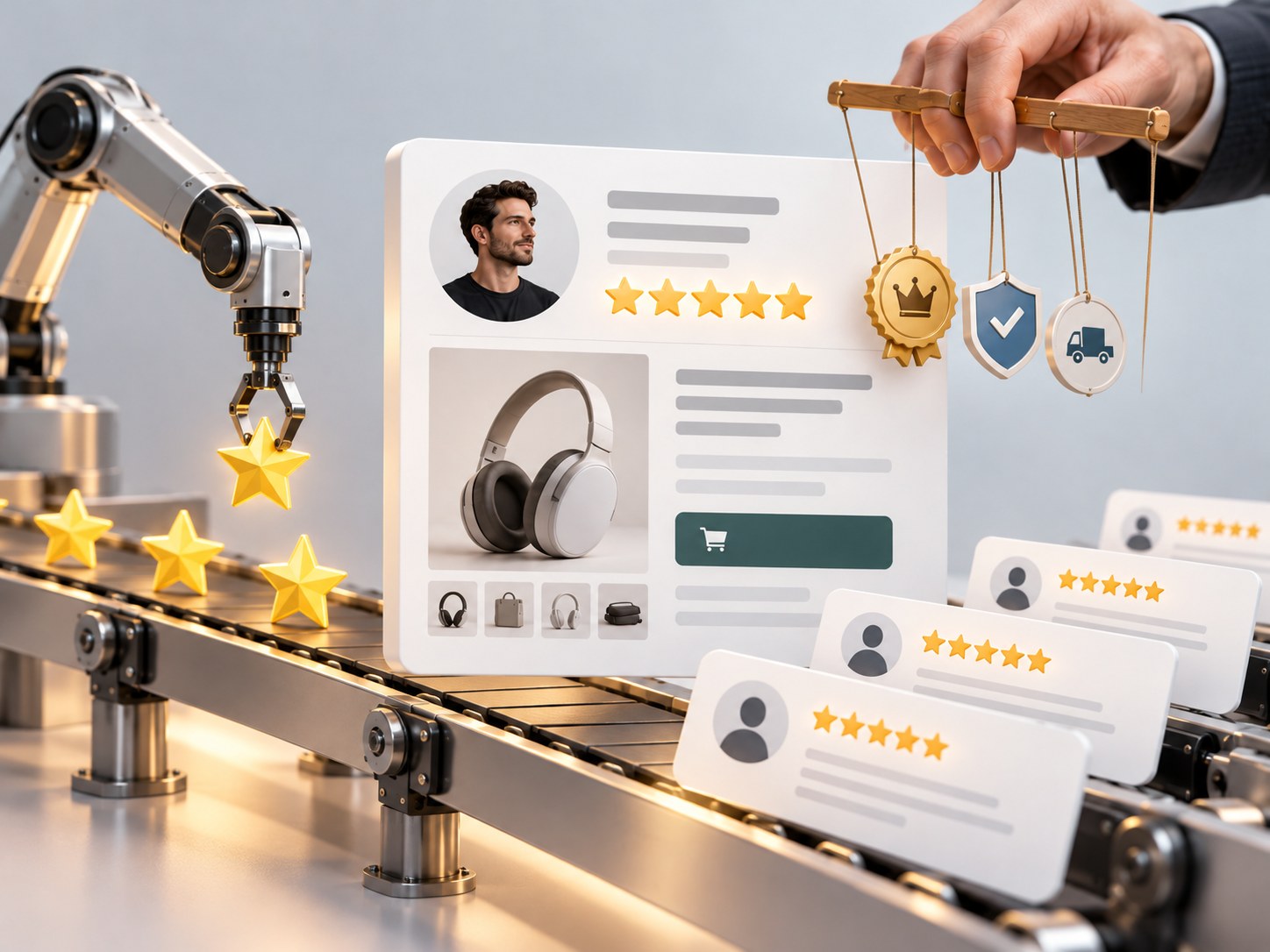 Editorial illustration for “How marketplace sellers fake reputation”.