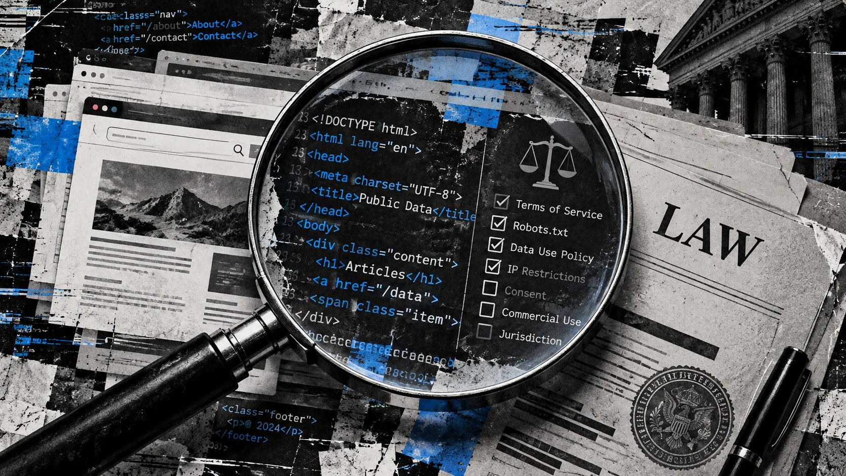 Editorial illustration for “Is web scraping legal? Public data is only the first test”.