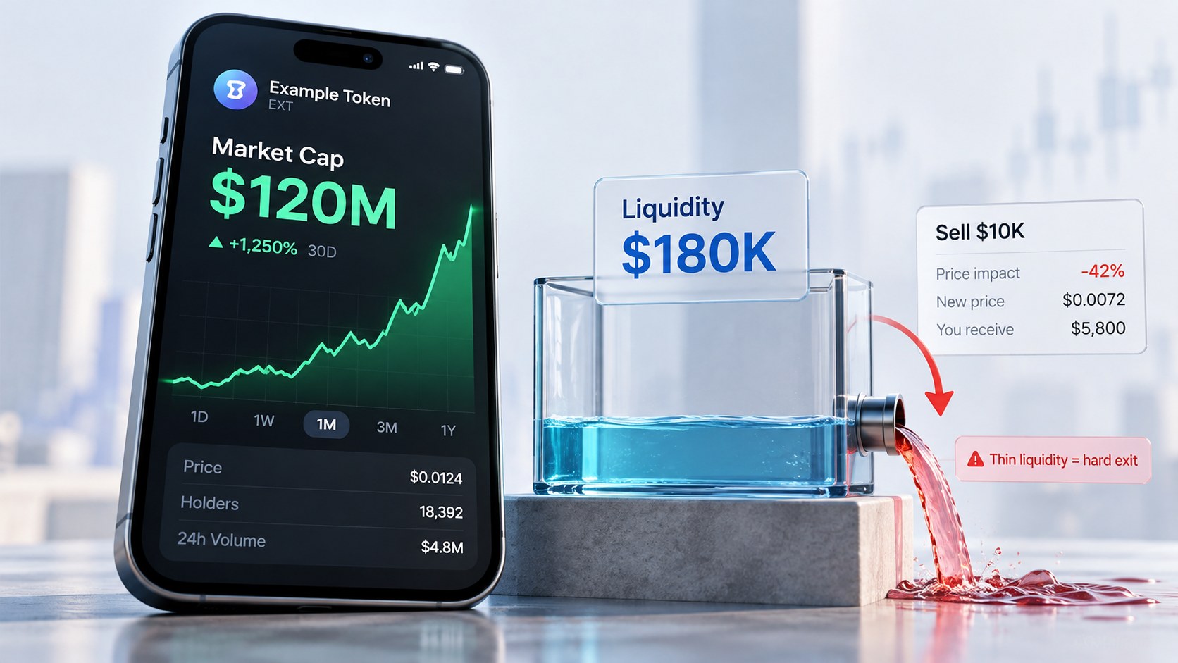 Editorial illustration for “Market cap vs liquidity: why crypto screenshots can mislead”.