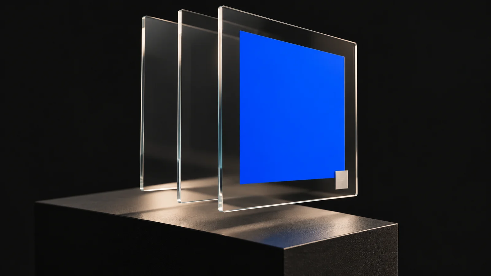 Editorial illustration: offset glass layers with a blue field on the front layer.