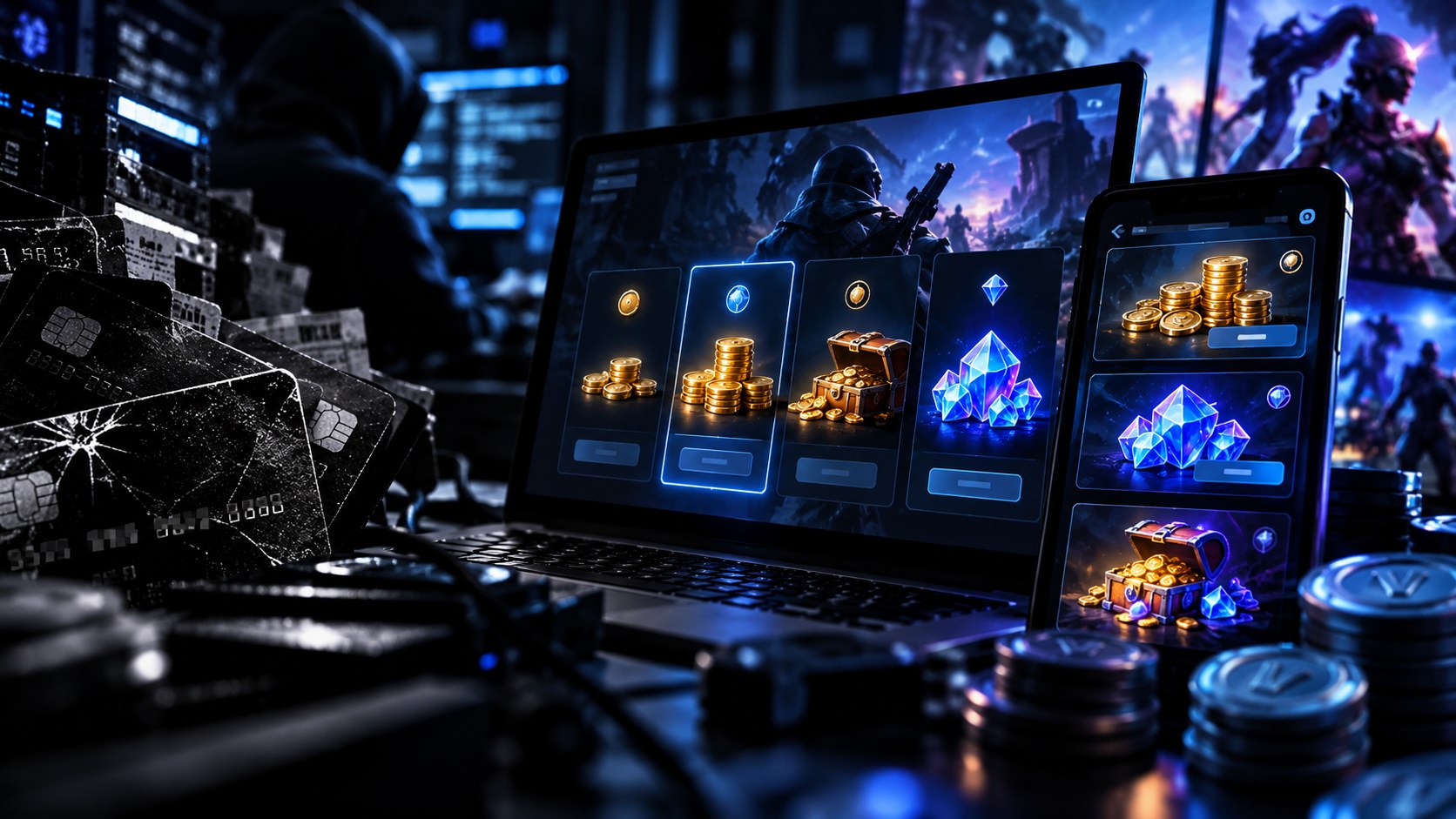 Editorial illustration for “Why stolen credit cards end up buying game currency”.