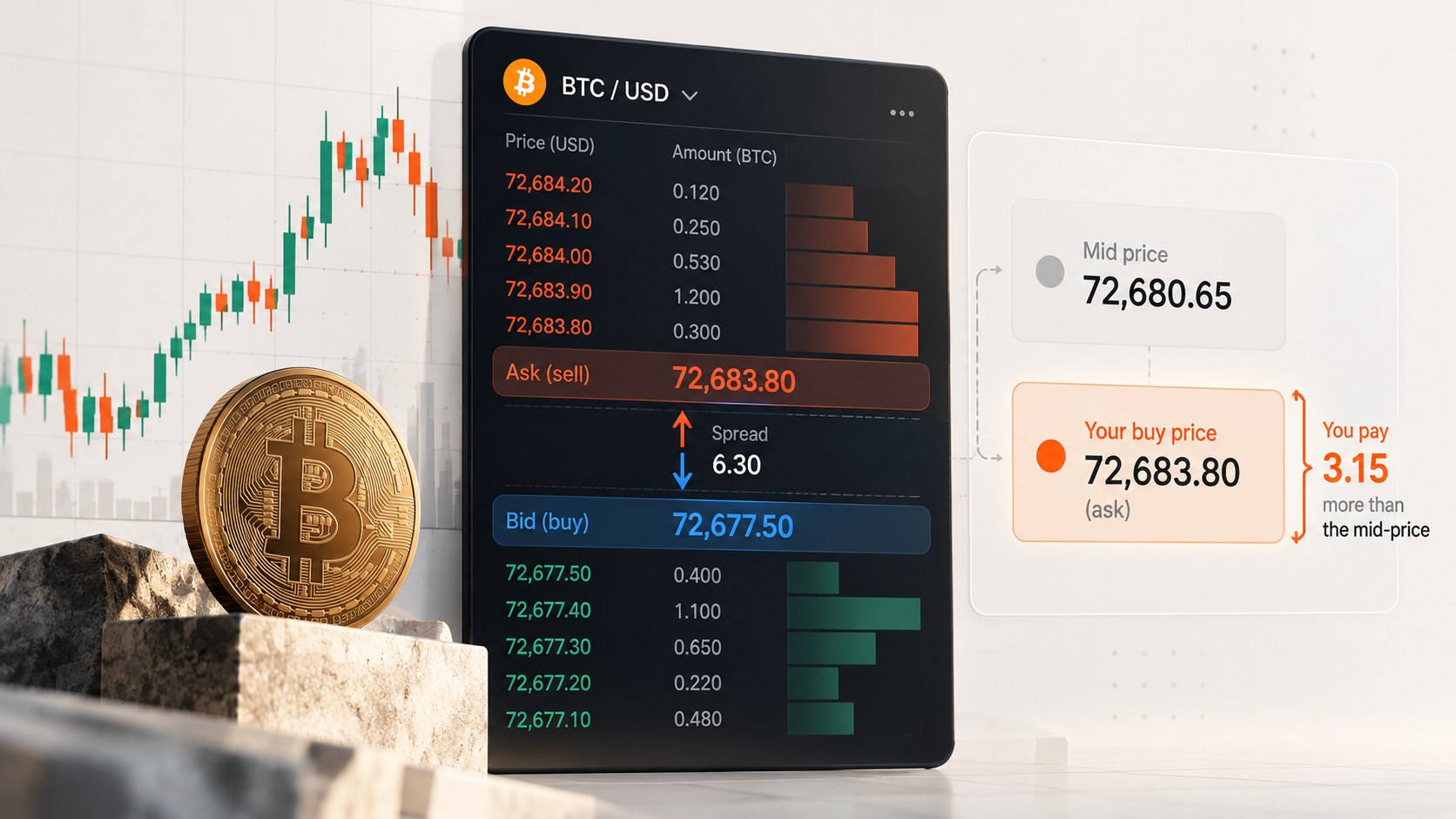 Editorial illustration for “Why spreads matter when buying crypto”.
